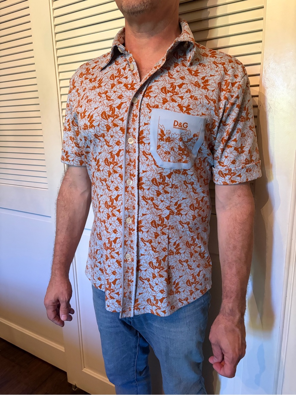 Dolce & Gabbana Orange Floral Short-Sleeve Button-Down Shirt